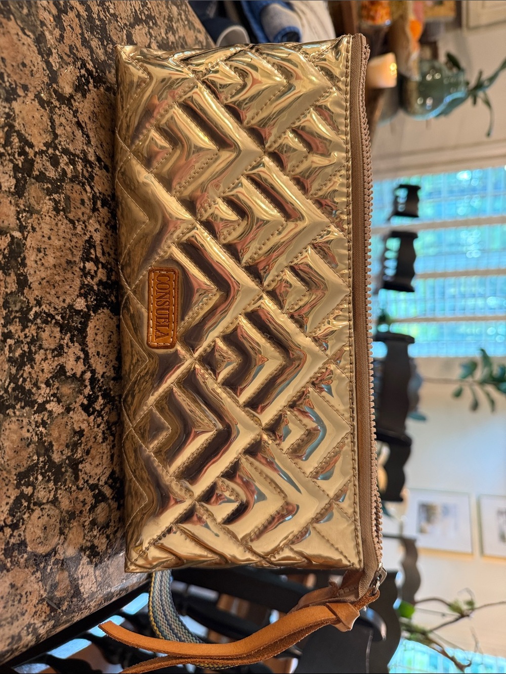 Consuela Metallic Gold Quilted Wristlet Clutch